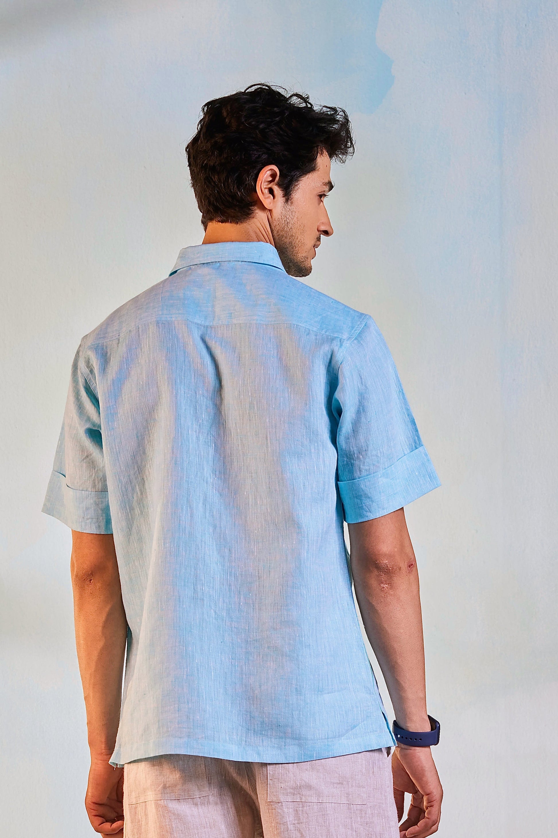 Linen Half Sleeve Shirt by Charkhee with Blue, Casual Wear, Escape by Charkhee, For Anniversary, For Him, Linen, Menswear, Natural, Regular Fit, Shirts, Textured, Tops at Kamakhyaa for sustainable fashion