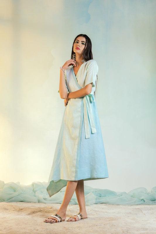 Wrap Linen Dress by Charkhee with Blue, Casual Wear, Escape by Charkhee, Green, Linen, Natural, Regular Fit, Textured, Womenswear, Wrap Dresses at Kamakhyaa for sustainable fashion