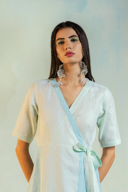 Wrap Linen Dress by Charkhee with Blue, Casual Wear, Escape by Charkhee, Green, Linen, Natural, Regular Fit, Textured, Womenswear, Wrap Dresses at Kamakhyaa for sustainable fashion