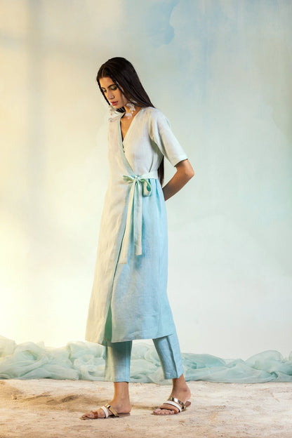 Wrap Linen Dress by Charkhee with Blue, Casual Wear, Escape by Charkhee, Green, Linen, Natural, Regular Fit, Textured, Womenswear, Wrap Dresses at Kamakhyaa for sustainable fashion