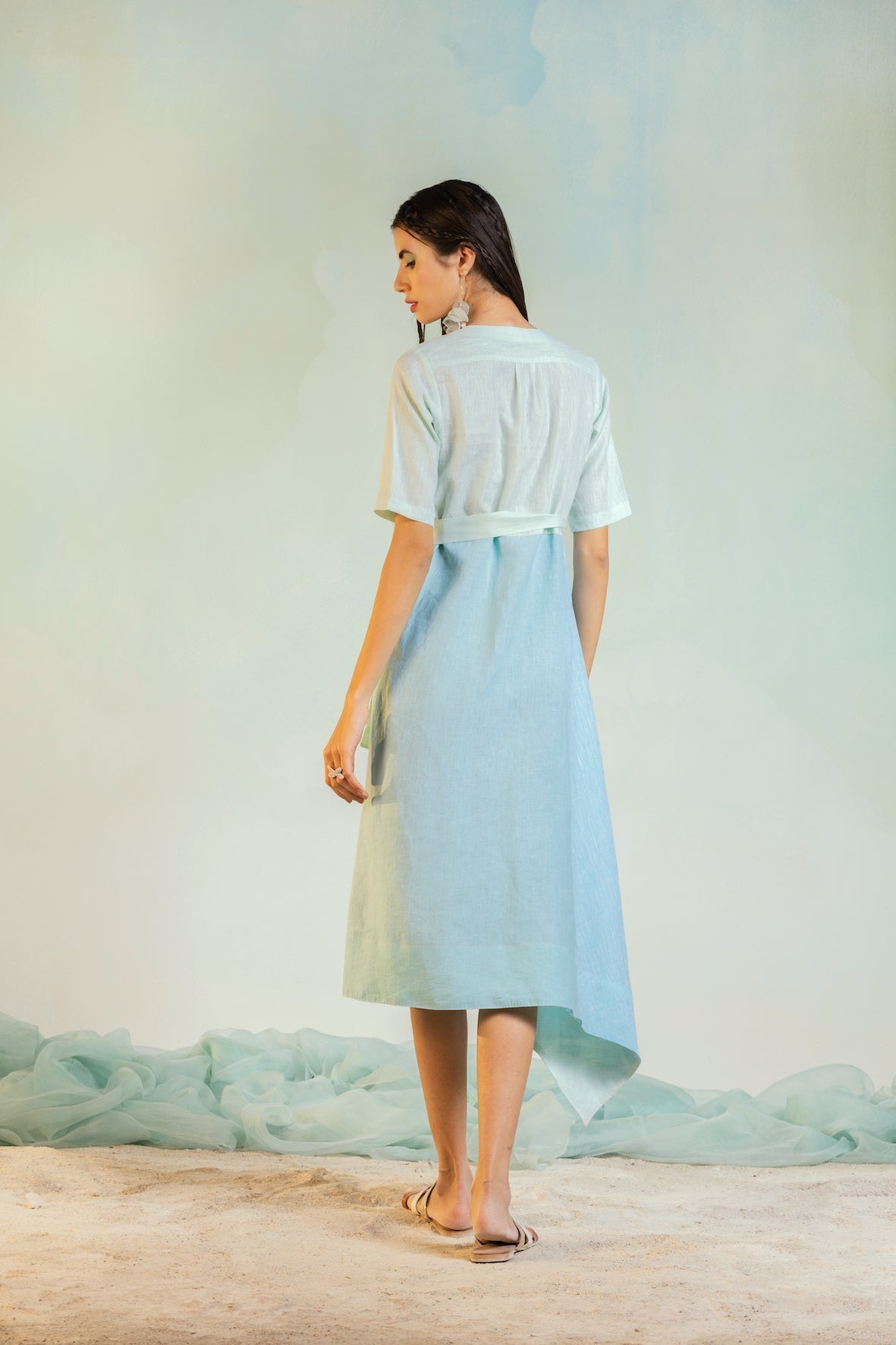 Wrap Linen Dress by Charkhee with Blue, Casual Wear, Escape by Charkhee, Green, Linen, Natural, Regular Fit, Textured, Womenswear, Wrap Dresses at Kamakhyaa for sustainable fashion