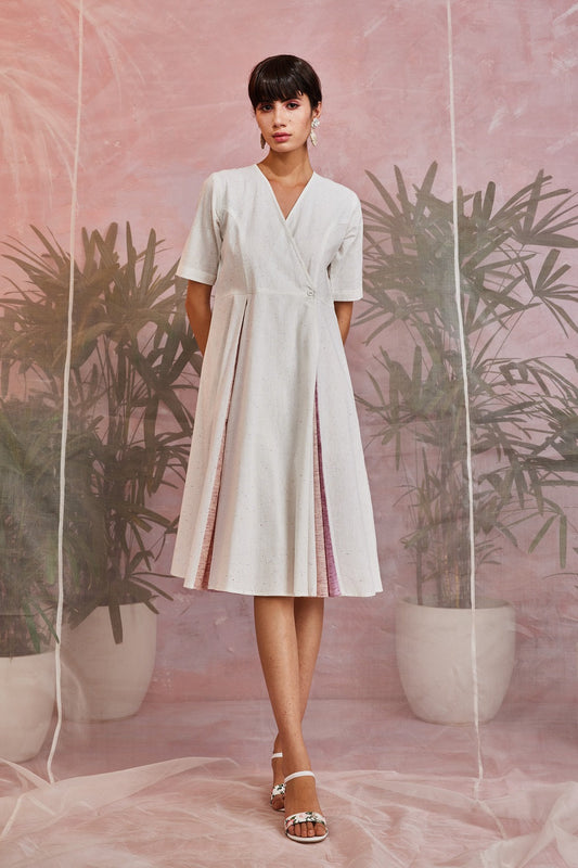 Off White Cotton Midi Wrap Dress by Charkhee with Casual Wear, Cotton, Natural, Regular Fit, Resort Wear, Solids, Sun-dae by Charkhee, White, Womenswear, Wrap Dresses at Kamakhyaa for sustainable fashion