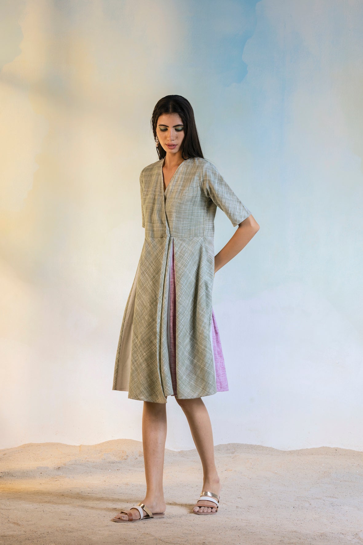 Off White Midi Wrap Dress by Charkhee with Casual Wear, Cotton, Green, Natural, Olive green, Regular Fit, Sun-dae by Charkhee, Textured, Womenswear, Wrap Dresses at Kamakhyaa for sustainable fashion