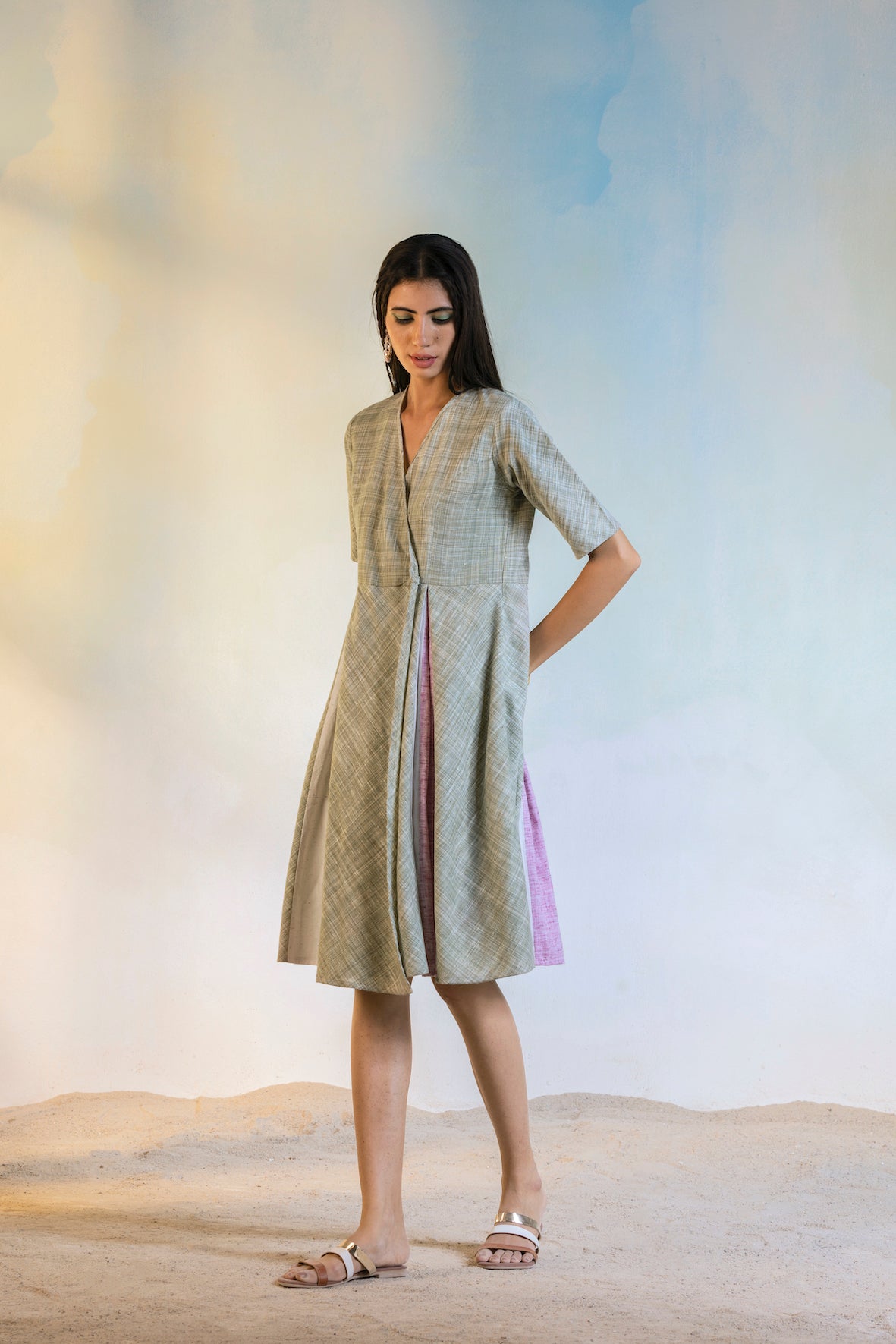 Short Wrap Dress by Charkhee with Casual Wear, Cotton, Escape by Charkhee, Green, Natural, Regular Fit, Textured, Womenswear, Wrap Dresses at Kamakhyaa for sustainable fashion