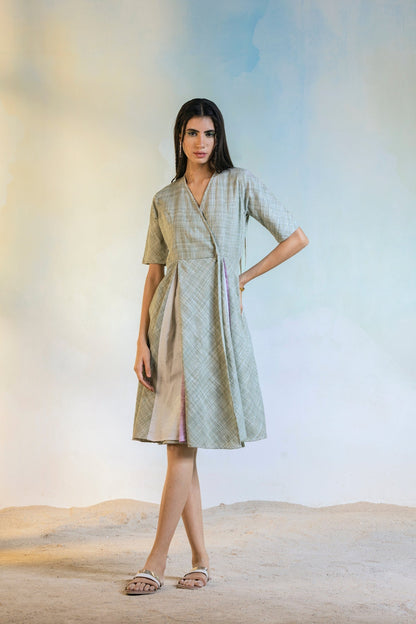 Off White Midi Wrap Dress by Charkhee with Casual Wear, Cotton, Green, Natural, Olive green, Regular Fit, Sun-dae by Charkhee, Textured, Womenswear, Wrap Dresses at Kamakhyaa for sustainable fashion