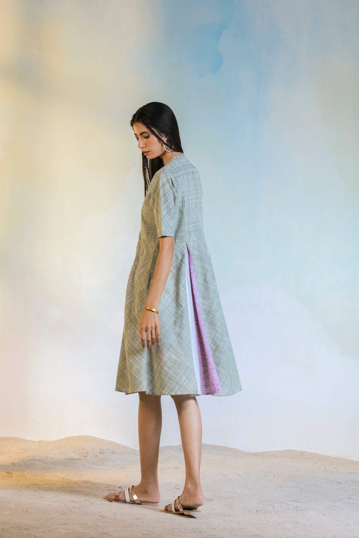 Off White Midi Wrap Dress by Charkhee with Casual Wear, Cotton, Green, Natural, Olive green, Regular Fit, Sun-dae by Charkhee, Textured, Womenswear, Wrap Dresses at Kamakhyaa for sustainable fashion