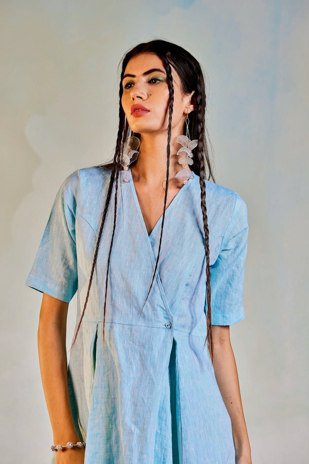 Linen Short Wrap Dress Dresses 100 % Linen, Blue, Natural, Regular Fit, Textured, Charkhee Kamakhyaa