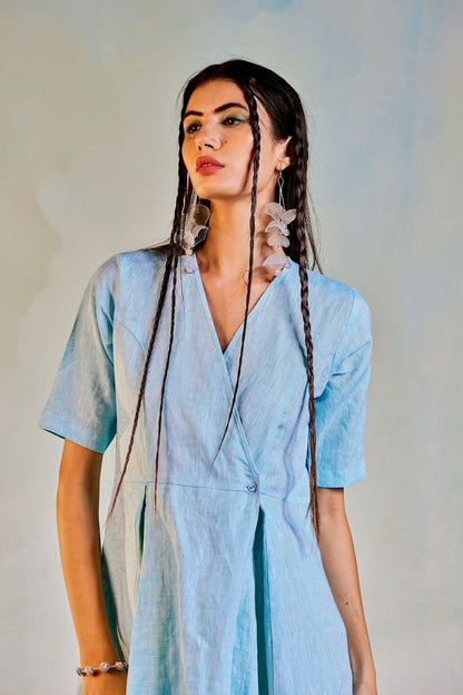 Linen Short Wrap Dress by Charkhee with Blue, Casual Wear, Escape by Charkhee, Linen, Natural, Regular Fit, Textured, Womenswear, Wrap Dresses at Kamakhyaa for sustainable fashion