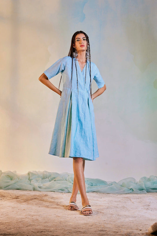 Linen Short Wrap Dress by Charkhee with Blue, Casual Wear, Escape by Charkhee, Linen, Natural, Regular Fit, Textured, Womenswear, Wrap Dresses at Kamakhyaa for sustainable fashion
