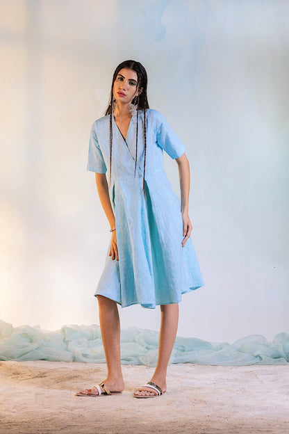 Linen Short Wrap Dress by Charkhee with Blue, Casual Wear, Escape by Charkhee, Linen, Natural, Regular Fit, Textured, Womenswear, Wrap Dresses at Kamakhyaa for sustainable fashion