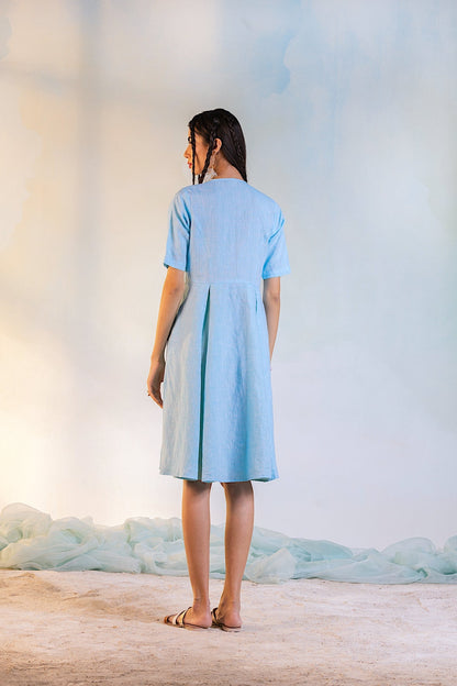 Linen Short Wrap Dress by Charkhee with Blue, Casual Wear, Escape by Charkhee, Linen, Natural, Regular Fit, Textured, Womenswear, Wrap Dresses at Kamakhyaa for sustainable fashion