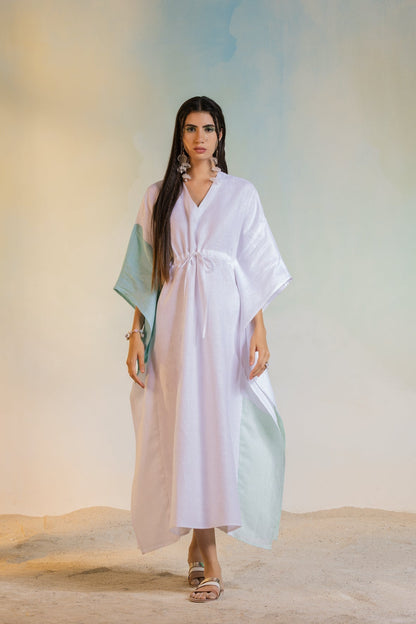 Linen Kaftan by Charkhee with Casual Wear, Escape by Charkhee, Kaftans, Linen, Midi Dresses, Natural, Relaxed Fit, Resort Wear, Textured, White, Womenswear at Kamakhyaa for sustainable fashion