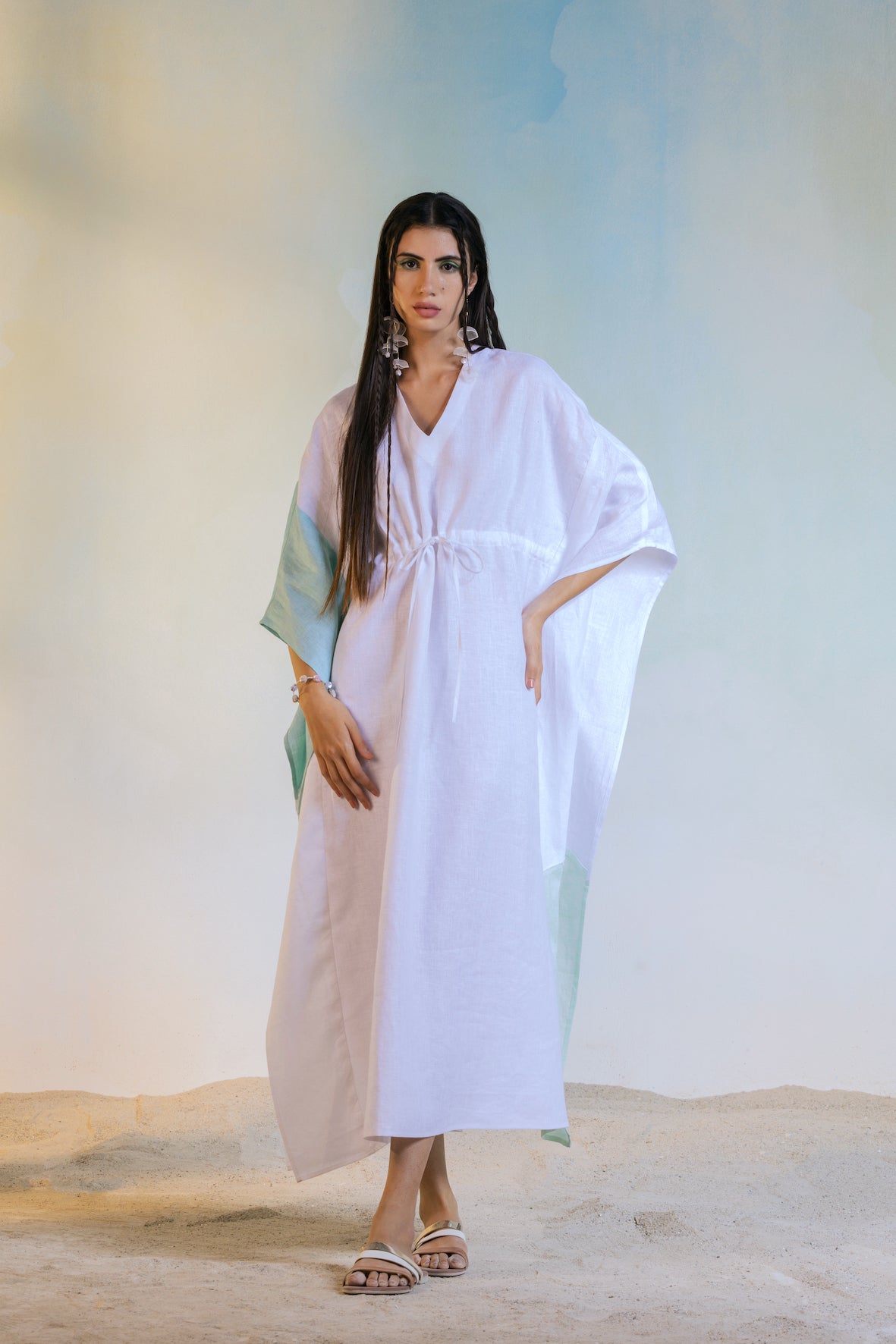 Linen Kaftan by Charkhee with Casual Wear, Escape by Charkhee, Kaftans, Linen, Midi Dresses, Natural, Relaxed Fit, Resort Wear, Textured, White, Womenswear at Kamakhyaa for sustainable fashion