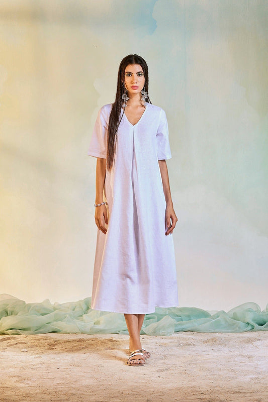 Linen Centre Pleat Dress by Charkhee with Best Selling, Casual Wear, Escape by Charkhee, Linen, Midi Dresses, Natural, Regular Fit, Textured, White, Womenswear at Kamakhyaa for sustainable fashion