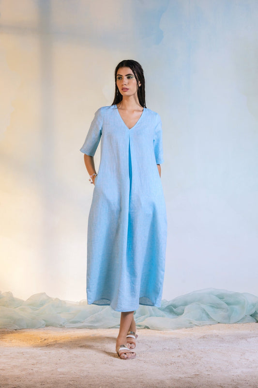 Linen Centre Pleat Dress at Kamakhyaa by Charkhee. This item is Best Selling, Blue, Casual Wear, Linen, Midi Dresses, Natural, Regular Fit, Textured, Womenswear