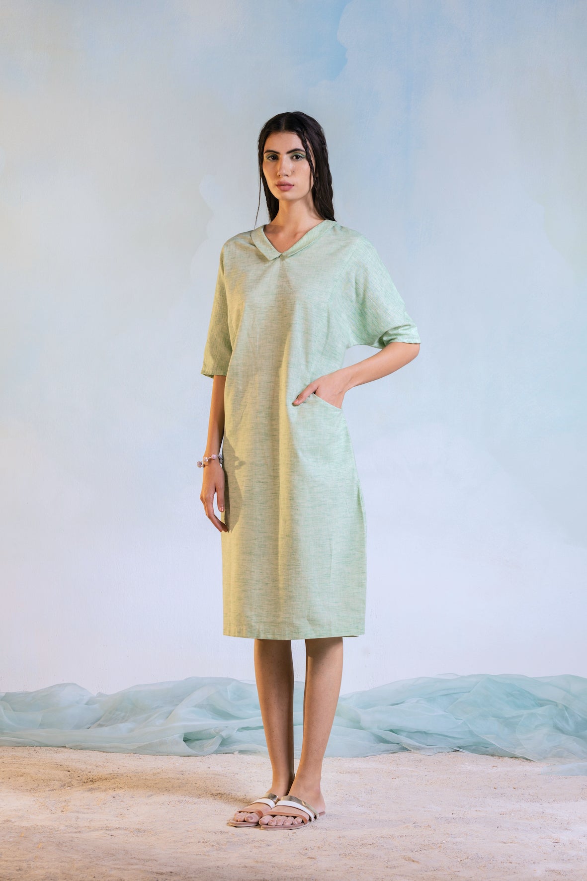 Peter Pan Collar Dress by Charkhee with Casual Wear, Cotton, Green, Midi Dresses, Natural, Price Change, Regular Fit, Shirt Dresses, Sun-dae by Charkhee, Textured, Womenswear at Kamakhyaa for sustainable fashion