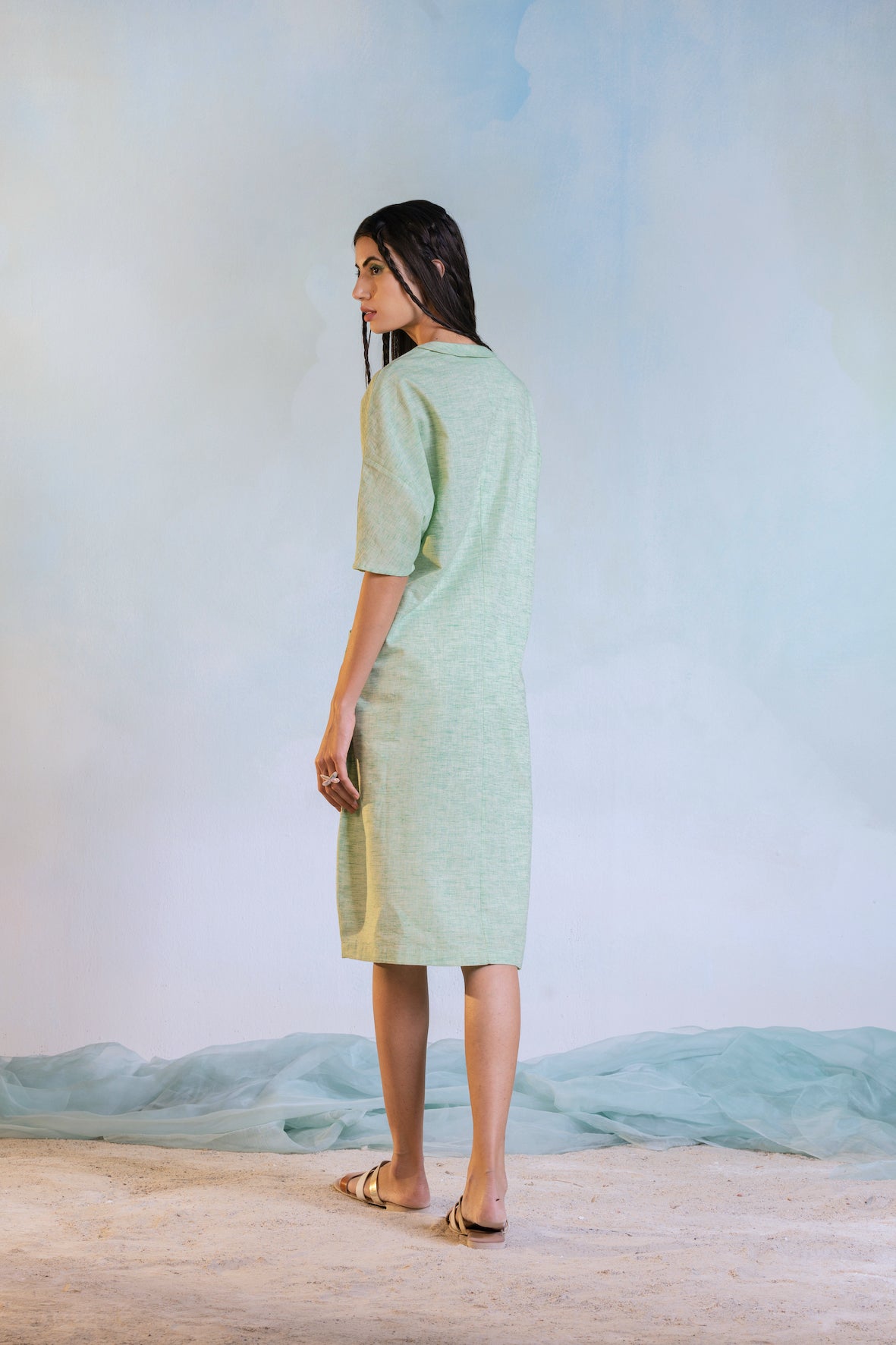Peter Pan Collar Dress by Charkhee with Casual Wear, Cotton, Green, Midi Dresses, Natural, Price Change, Regular Fit, Shirt Dresses, Sun-dae by Charkhee, Textured, Womenswear at Kamakhyaa for sustainable fashion