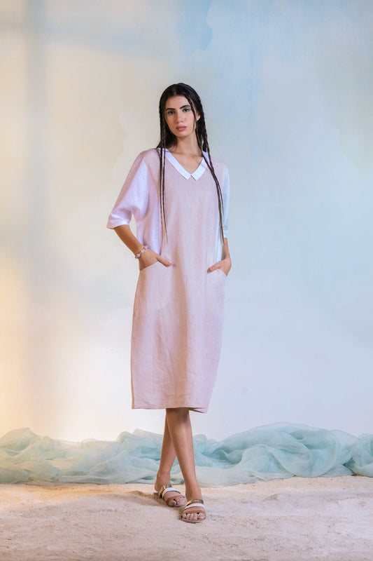 Linen Peter Pan Collar Dress by Charkhee with Beige, Best Selling, Casual Wear, Escape by Charkhee, Linen, Midi Dresses, Natural, Regular Fit, Shirt Dresses, Textured, Womenswear at Kamakhyaa for sustainable fashion