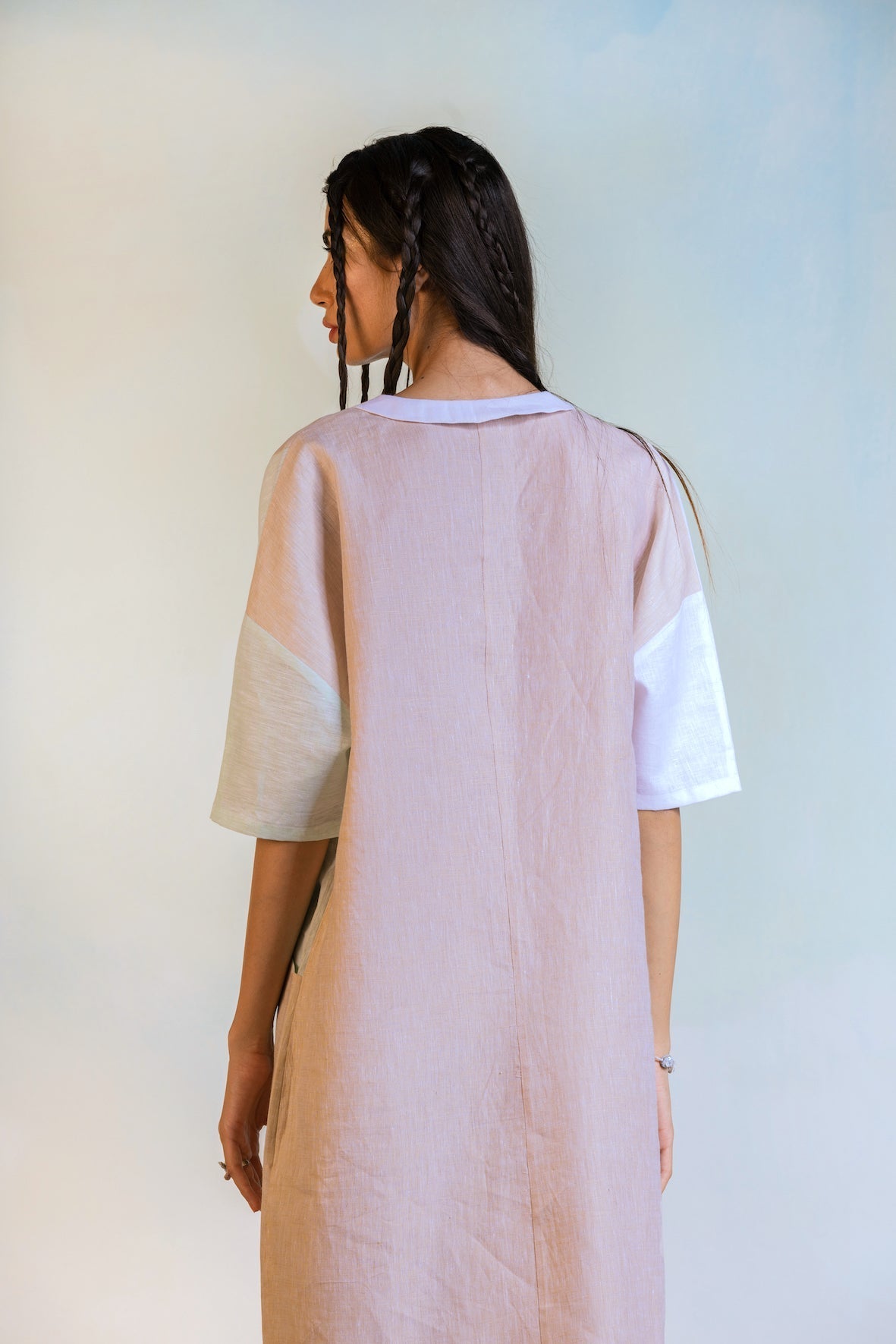 Linen Peter Pan Collar Dress by Charkhee with Beige, Best Selling, Casual Wear, Escape by Charkhee, Linen, Midi Dresses, Natural, Regular Fit, Shirt Dresses, Textured, Womenswear at Kamakhyaa for sustainable fashion