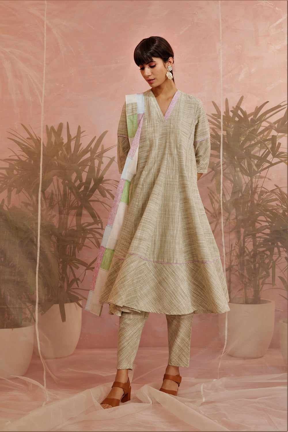 Textured Anarkali with Pants & Dupatta - Set of 3 Indian Wear Cotton, Fusion Wear, Green, Kurta With Dupatta, Natural, Patchwork, Regular Fit Charkhee Kamakhyaa
