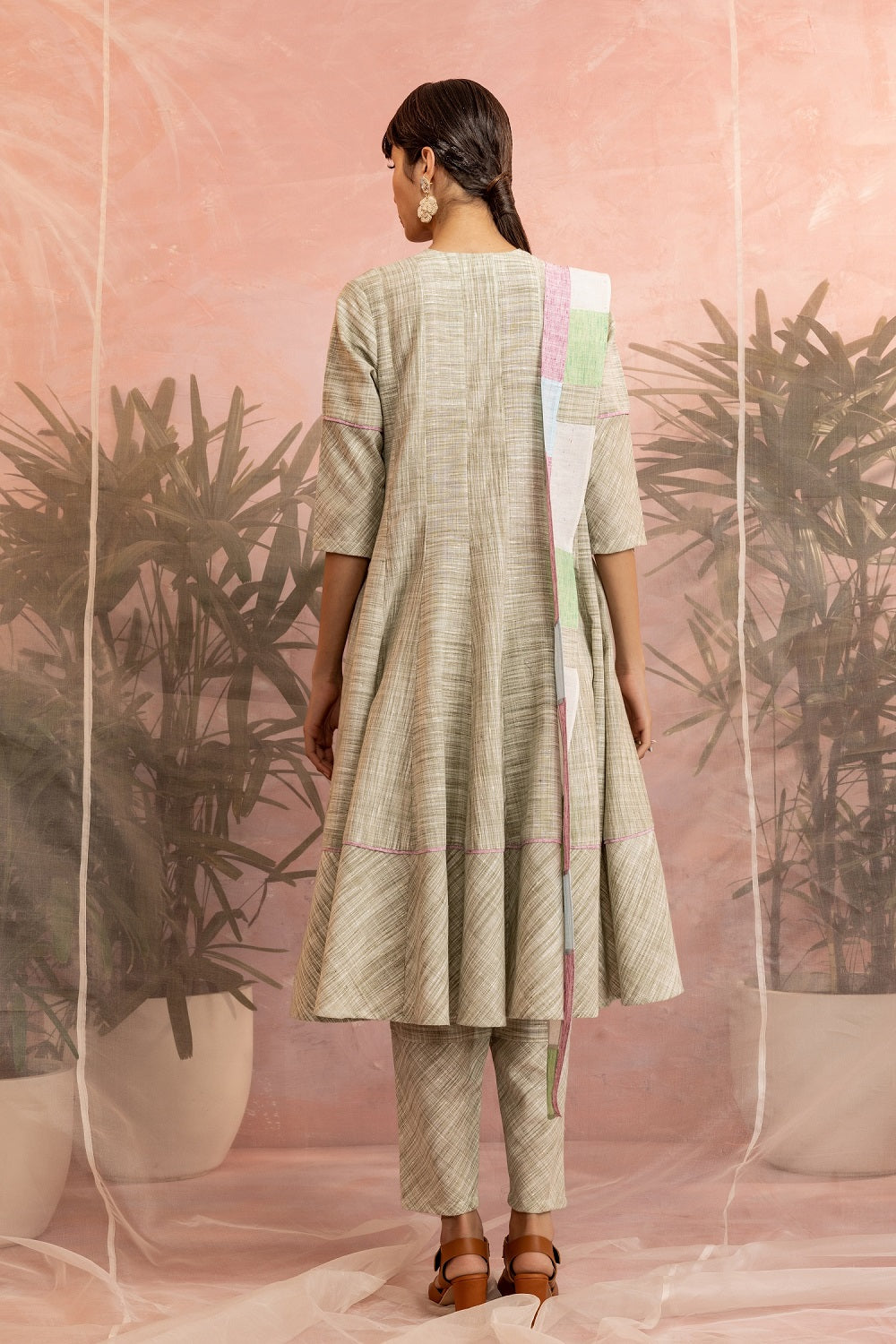 Textured Anarkali with Pants & Dupatta - Set of 3 Indian Wear Cotton, Fusion Wear, Green, Kurta With Dupatta, Natural, Patchwork, Regular Fit Charkhee Kamakhyaa