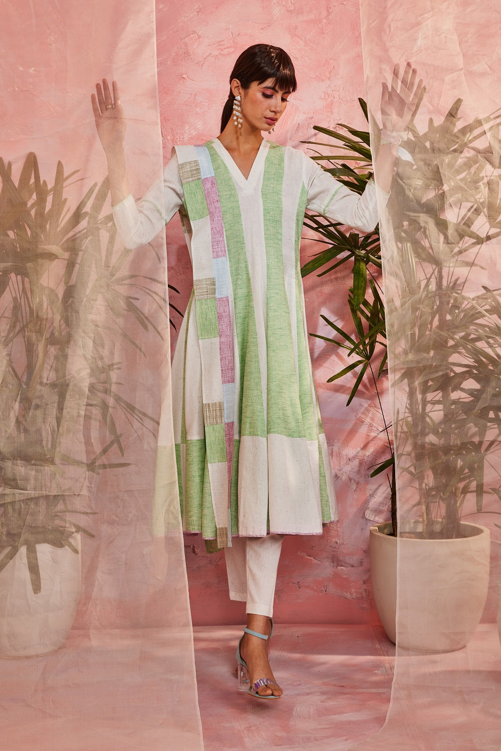 Striped Flared Anarkali with Pants & Dupatta - Set of 3 Indian Wear Cotton, Fusion Wear, Green, Kurta With Dupatta, Natural, Patchwork, Regular Fit, White Charkhee Kamakhyaa