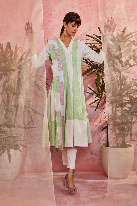 Striped Flared Anarkali with Pants & Dupatta - Set of 3 by Charkhee with Casual Wear, Cotton, Fusion Wear, Green, Indian Wear, Kurta Pant Sets, Kurta Set With Dupatta, Natural, Patchwork, Regular Fit, Resort Wear, Sun-dae by Charkhee, White, Womenswear at Kamakhyaa for sustainable fashion