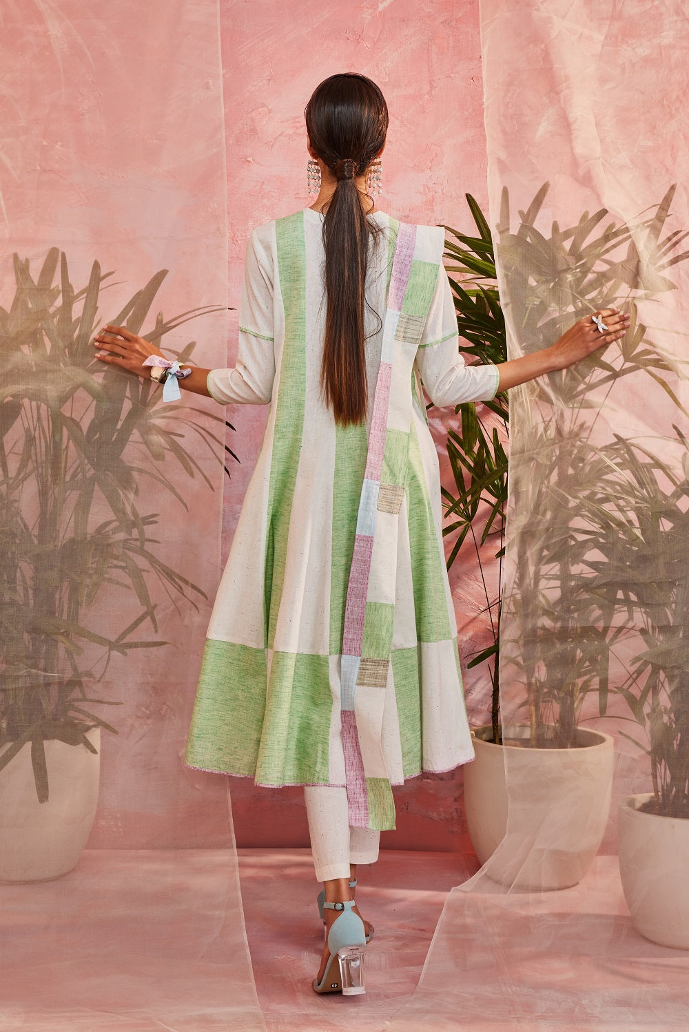 Striped Flared Anarkali with Pants & Dupatta - Set of 3 Indian Wear Cotton, Fusion Wear, Green, Kurta With Dupatta, Natural, Patchwork, Regular Fit, White Charkhee Kamakhyaa