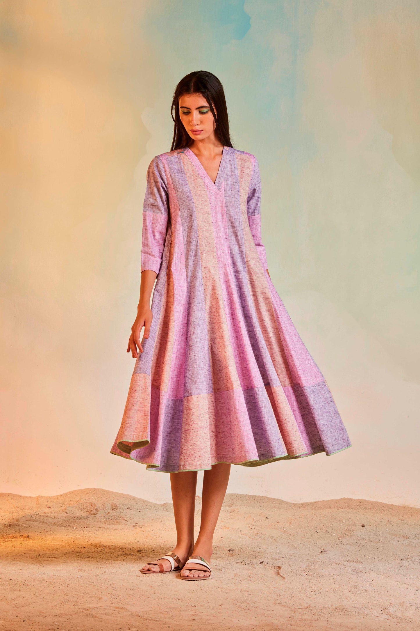 Multicolor V-Neck Midi Dress by Charkhee with Casual Wear, Cotton, Midi Dresses, Multicolor, Natural, Patchwork, Regular Fit, Resort Wear, Sun-dae by Charkhee, Womenswear at Kamakhyaa for sustainable fashion