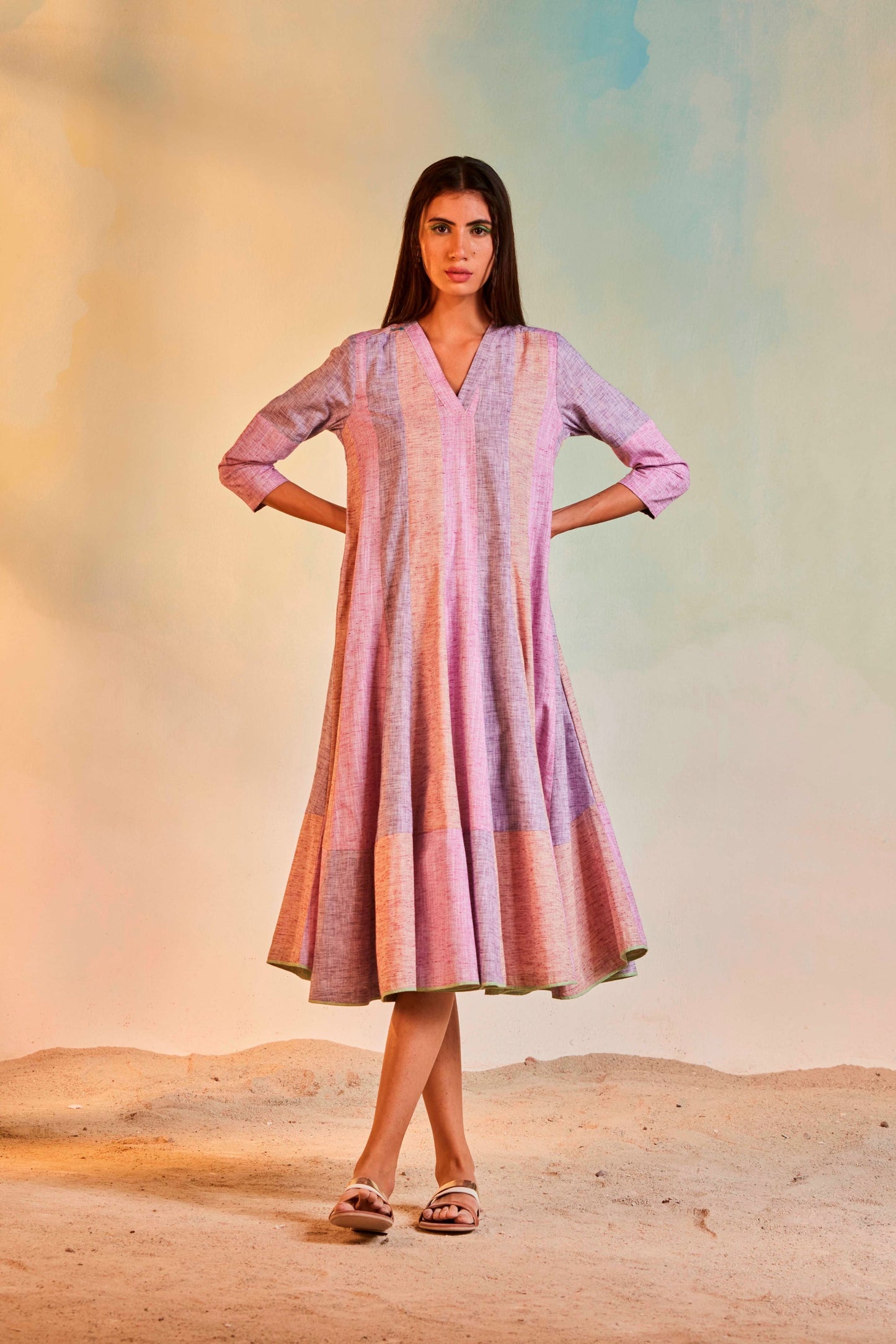 Multicolor V-Neck Midi Dress at Kamakhyaa by Charkhee. This item is Casual Wear, Cotton, Midi Dresses, Multicolor, Natural, Patchwork, Regular Fit, Resort Wear, Womenswear