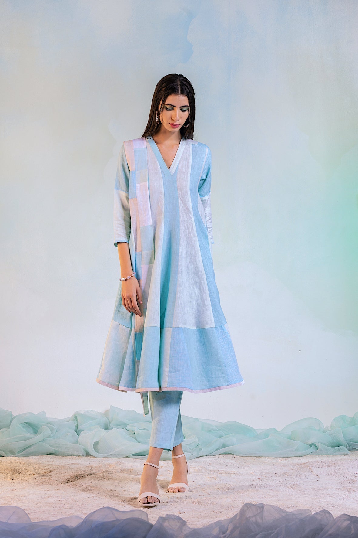 Anarkali with Pant - Set of 3 by Charkhee with Blue, Casual Wear, Escape by Charkhee, Green, Indian Wear, Kurta Pant Sets, Kurta Set With Dupatta, Linen, Natural, Regular Fit, Textured, Womenswear at Kamakhyaa for sustainable fashion