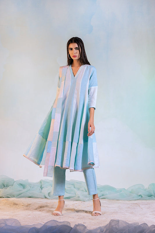 Anarkali with Pant - Set of 3 at Kamakhyaa by Charkhee. This item is Blue, Casual Wear, Green, Indian Wear, Kurta Pant Sets, Kurta Set With Dupatta, Linen, Natural, Regular Fit, Textured, Womenswear