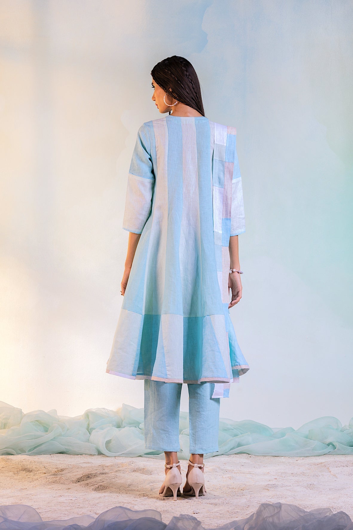 Anarkali with Pant - Set of 3 by Charkhee with Blue, Casual Wear, Escape by Charkhee, Green, Indian Wear, Kurta Pant Sets, Kurta Set With Dupatta, Linen, Natural, Regular Fit, Textured, Womenswear at Kamakhyaa for sustainable fashion