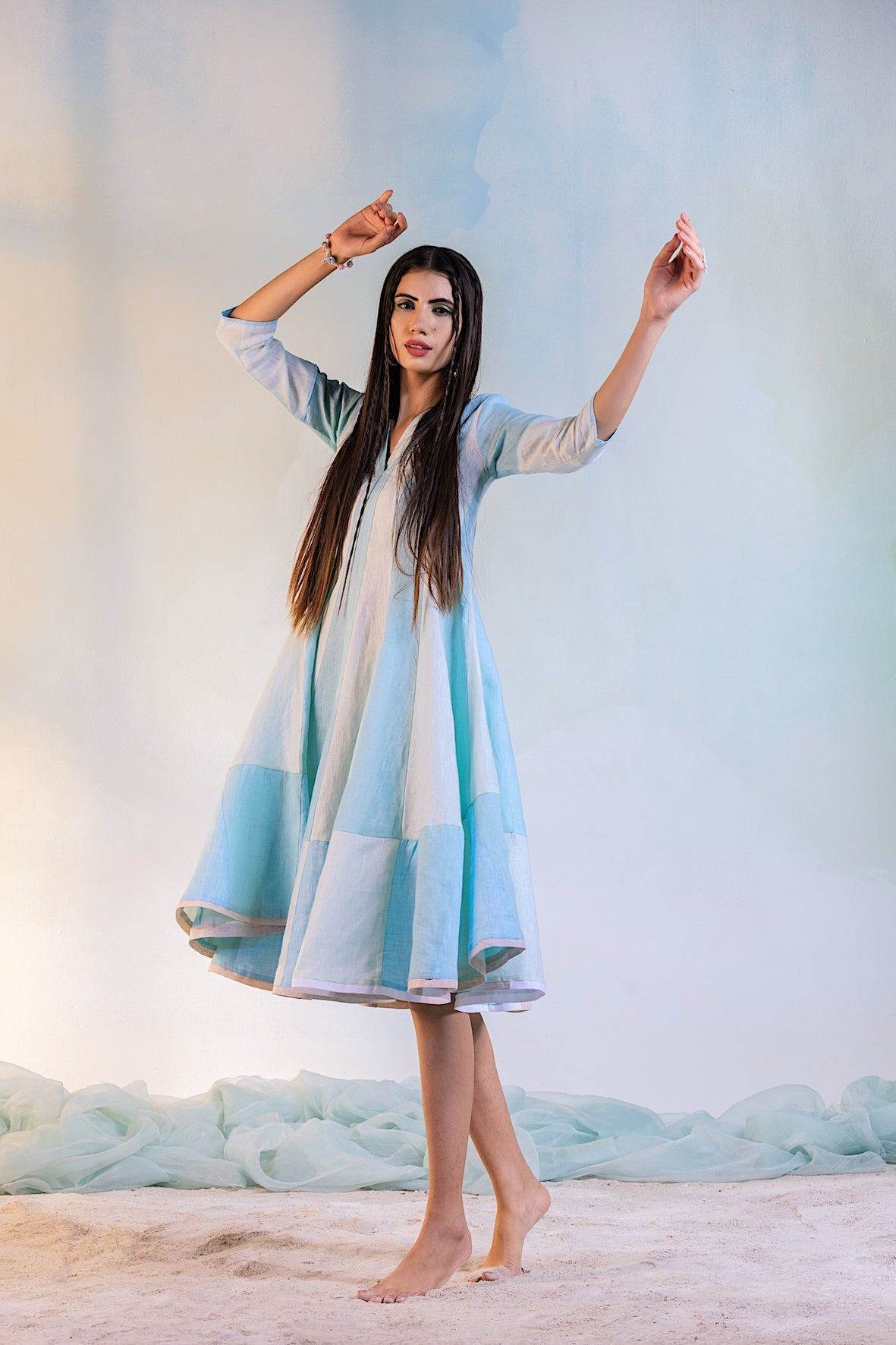 Linen Anarkali Dress by Charkhee with Best Selling, Blue, Casual Wear, Escape by Charkhee, Green, Linen, Midi Dresses, Natural, Regular Fit, Resort Wear, Textured, Womenswear at Kamakhyaa for sustainable fashion