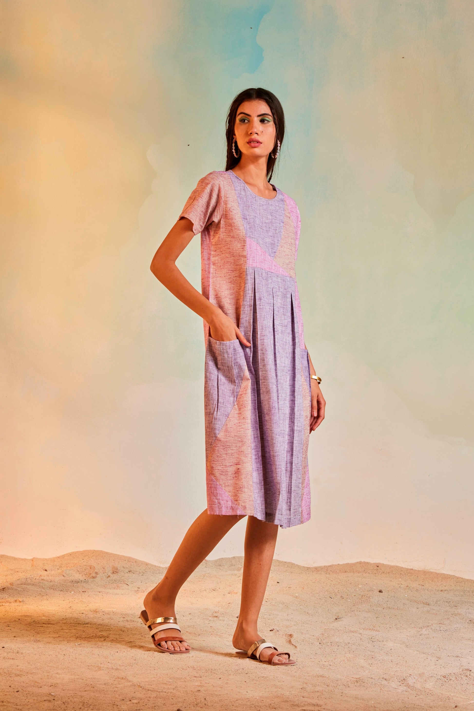 Pink Midi Pocket Dress Dresses Cotton, Dresses, Multicolor, Natural, Patchwork, Pink, Regular Fit Charkhee Kamakhyaa