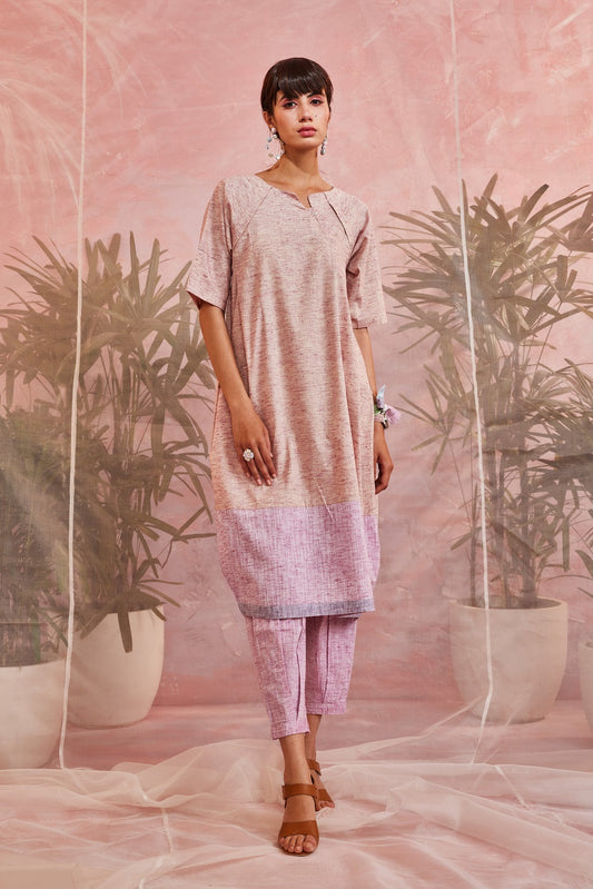 Pink Placket Tunic with Pants - Set of 2 by Charkhee with Casual Wear, Cotton, Indian Wear, Kurta Pant Sets, Natural, Patchwork, Pink, Regular Fit, Sun-dae by Charkhee, Womenswear at Kamakhyaa for sustainable fashion