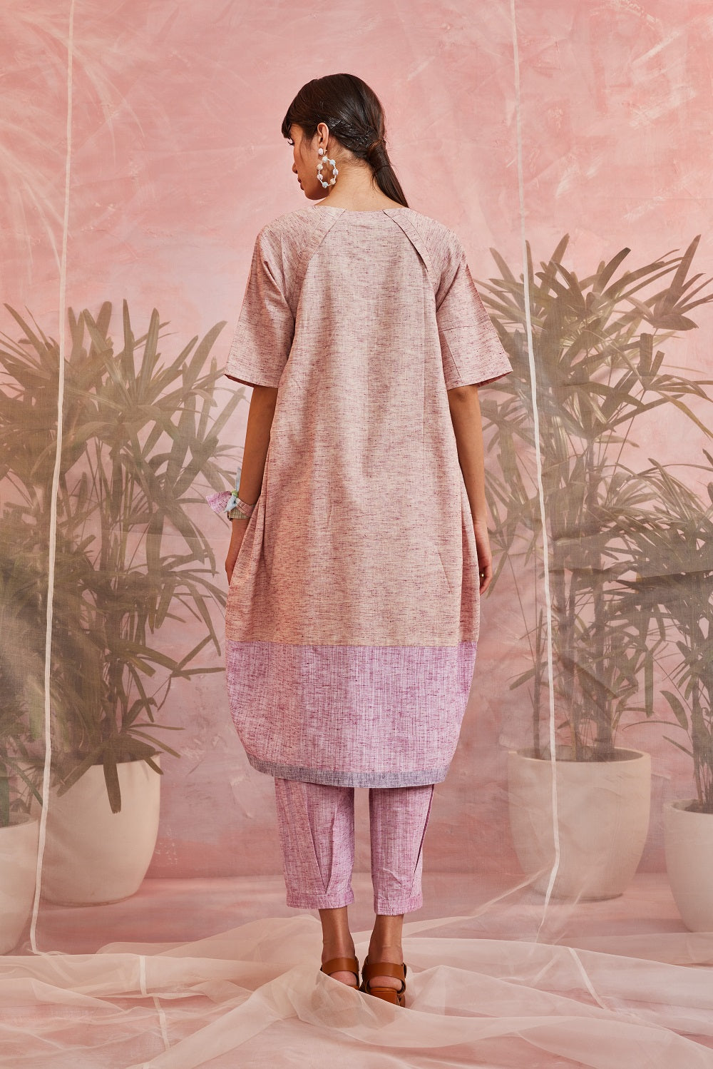 Pink Placket Tunic with Pants - Set of 2 by Charkhee with Casual Wear, Cotton, Indian Wear, Kurta Pant Sets, Natural, Patchwork, Pink, Regular Fit, Sun-dae by Charkhee, Womenswear at Kamakhyaa for sustainable fashion