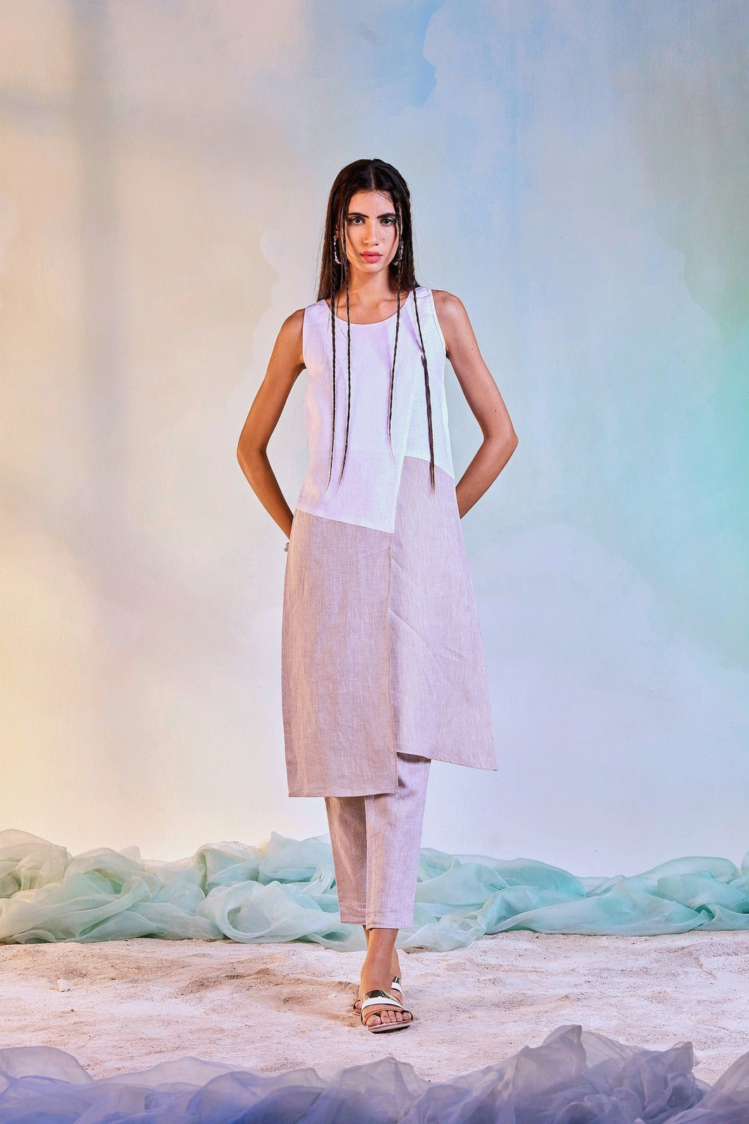 Sleeveless Kurta Set Indian Wear 100 % Linen, Beige, Natural, Regular Fit, Textured, White Charkhee Kamakhyaa