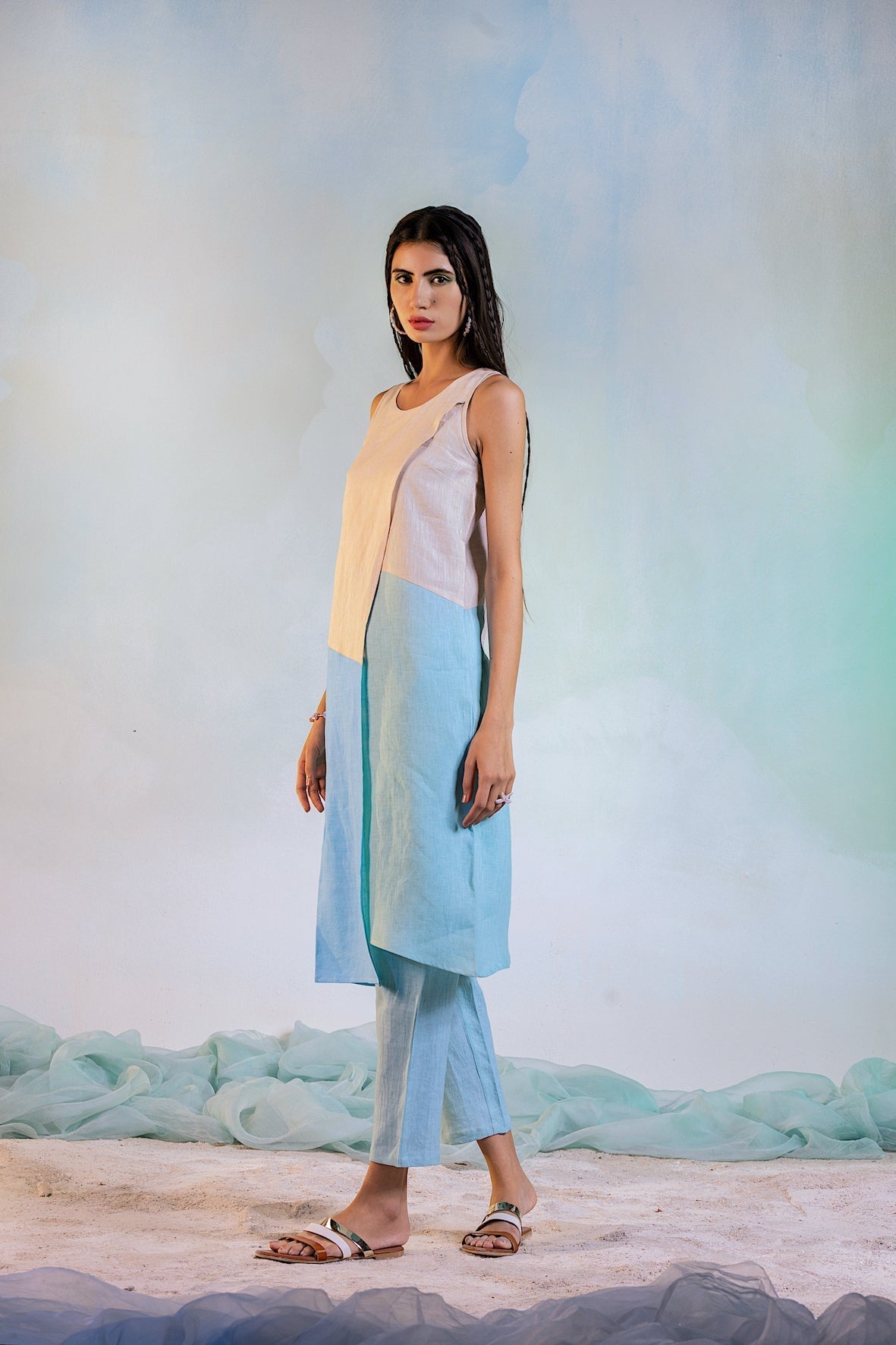 Sleeveless Kurta Set by Charkhee with Beige, Blue, Casual Wear, Escape by Charkhee, Green, Indian Wear, Kurta Pant Sets, Linen, Natural, Regular Fit, Textured, Womenswear at Kamakhyaa for sustainable fashion
