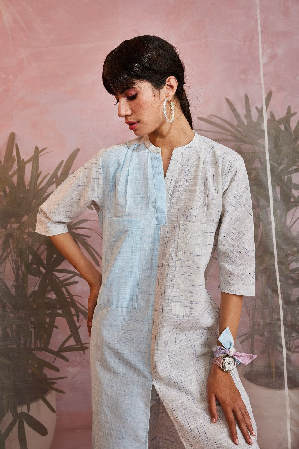 Blue Pocket Kurta with Pant by Charkhee with Blue, Casual Wear, Cotton Blend, Indian Wear, Kurta Pant Sets, Natural, Regular Fit, Sun-dae by Charkhee, Textured, White, Womenswear at Kamakhyaa for sustainable fashion