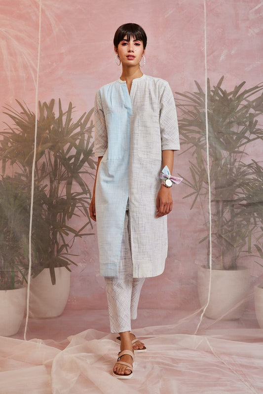 Blue Pocket Kurta with Pant by Charkhee with Blue, Casual Wear, Cotton Blend, Indian Wear, Kurta Pant Sets, Natural, Regular Fit, Sun-dae by Charkhee, Textured, White, Womenswear at Kamakhyaa for sustainable fashion
