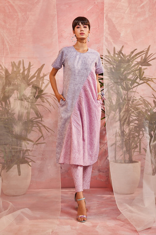Pink Kurta with Pants by Charkhee with Casual Wear, Cotton, Indian Wear, Kurta Pant Sets, Natural, Patchwork, Pink, Purple, Regular Fit, Sun-dae by Charkhee, Womenswear at Kamakhyaa for sustainable fashion