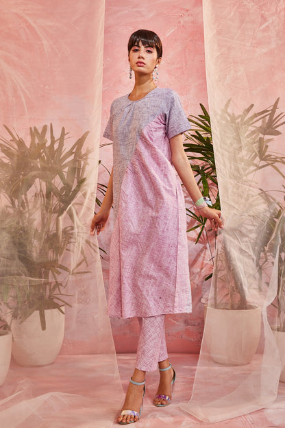 Pink Kurta with Pants by Charkhee with Casual Wear, Cotton, Indian Wear, Kurta Pant Sets, Natural, Patchwork, Pink, Purple, Regular Fit, Sun-dae by Charkhee, Womenswear at Kamakhyaa for sustainable fashion