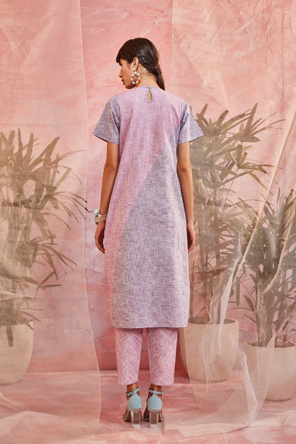 Pink Kurta with Pants by Charkhee with Casual Wear, Cotton, Indian Wear, Kurta Pant Sets, Natural, Patchwork, Pink, Purple, Regular Fit, Sun-dae by Charkhee, Womenswear at Kamakhyaa for sustainable fashion