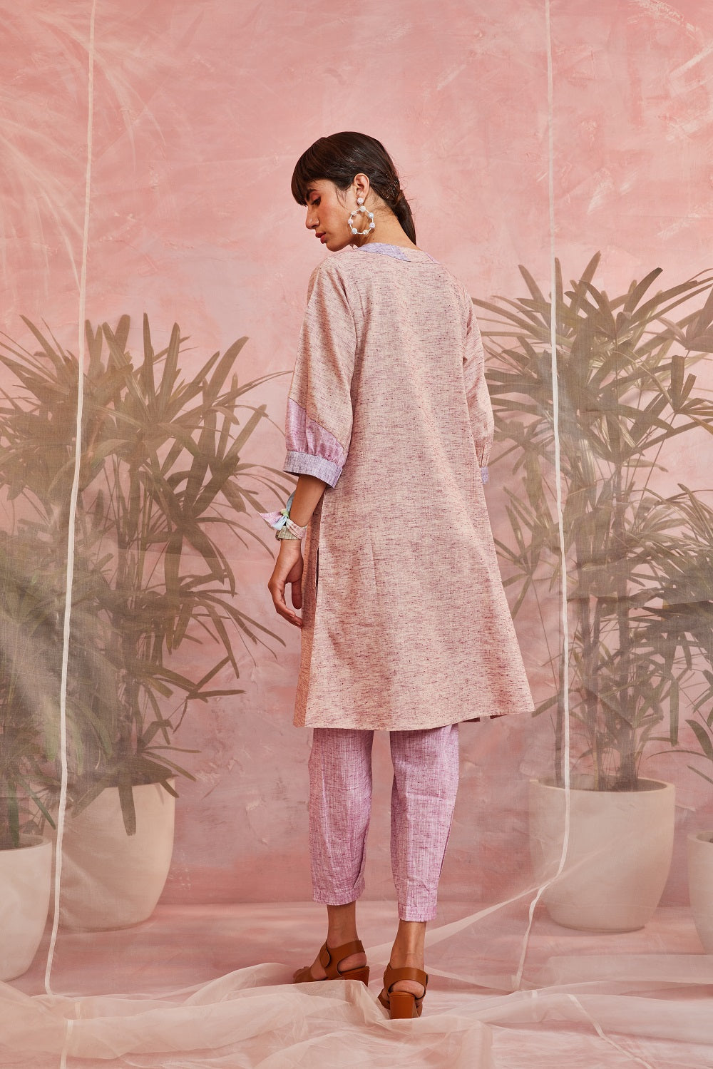 Pink Pocket Kurta with Pants by Charkhee with Casual Wear, Cotton, Indian Wear, Kurta Pant Sets, Natural, Patchwork, Pink, Regular Fit, Sun-dae by Charkhee, Womenswear at Kamakhyaa for sustainable fashion