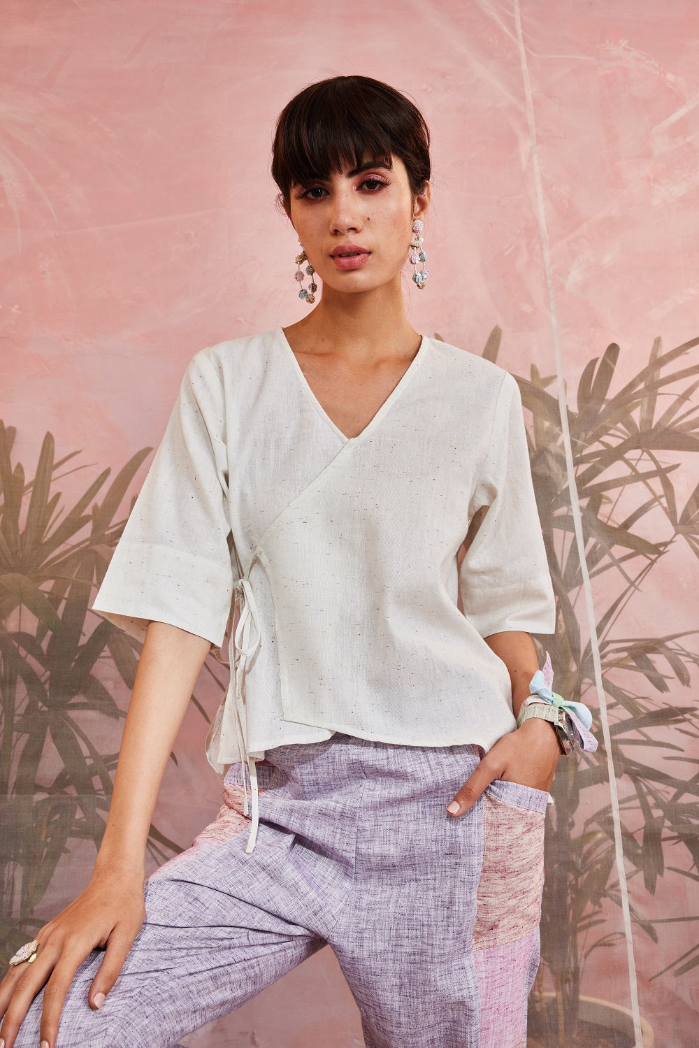 Off-White Short Tie-Up Top by Charkhee with Casual Wear, Cotton, Less than $50, Natural, Regular Fit, Sun-dae by Charkhee, Textured, Tops, White, Womenswear, Wrap Tops at Kamakhyaa for sustainable fashion
