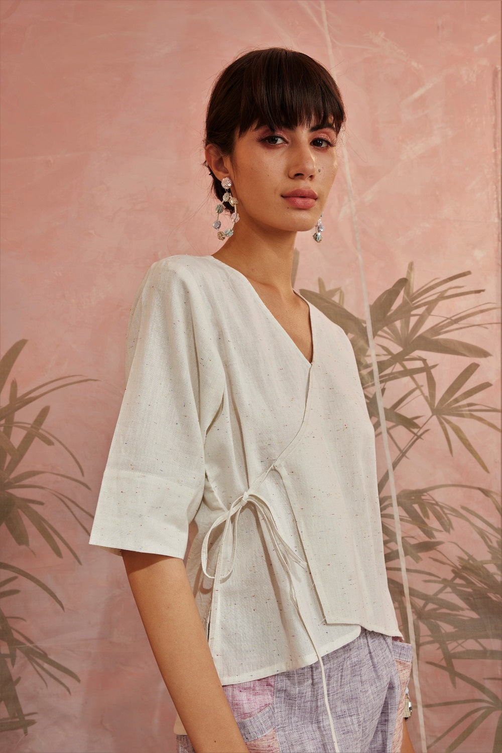 Off-White Short Tie-Up Top by Charkhee with Casual Wear, Cotton, Less than $50, Natural, Regular Fit, Sun-dae by Charkhee, Textured, Tops, White, Womenswear, Wrap Tops at Kamakhyaa for sustainable fashion