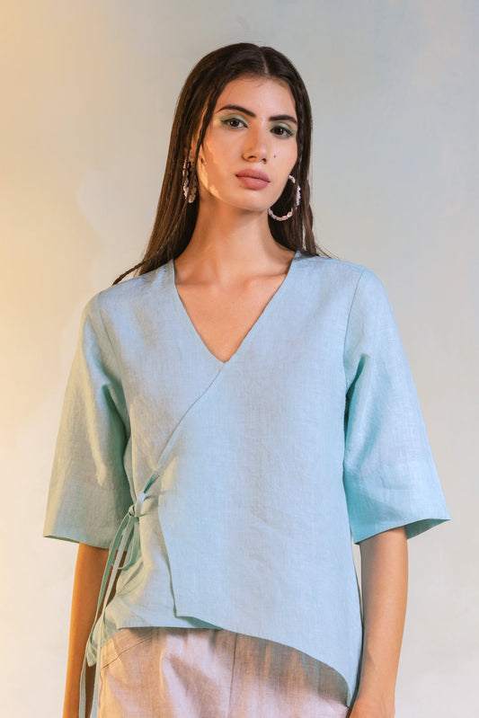 Linen Tie-Up Top by Charkhee with Blue, Casual Wear, Escape by Charkhee, Linen, Natural, Regular Fit, Textured, Tops, Womenswear, Wrap Tops at Kamakhyaa for sustainable fashion