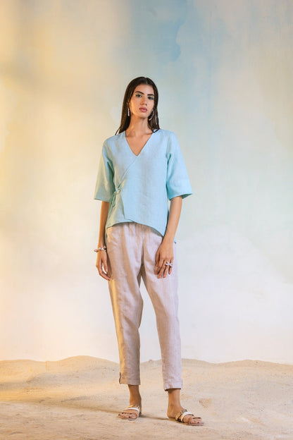 Linen Tie-Up Top at Kamakhyaa by Charkhee. This item is Blue, Casual Wear, Linen, Natural, Regular Fit, Textured, Tops, Womenswear, Wrap Tops
