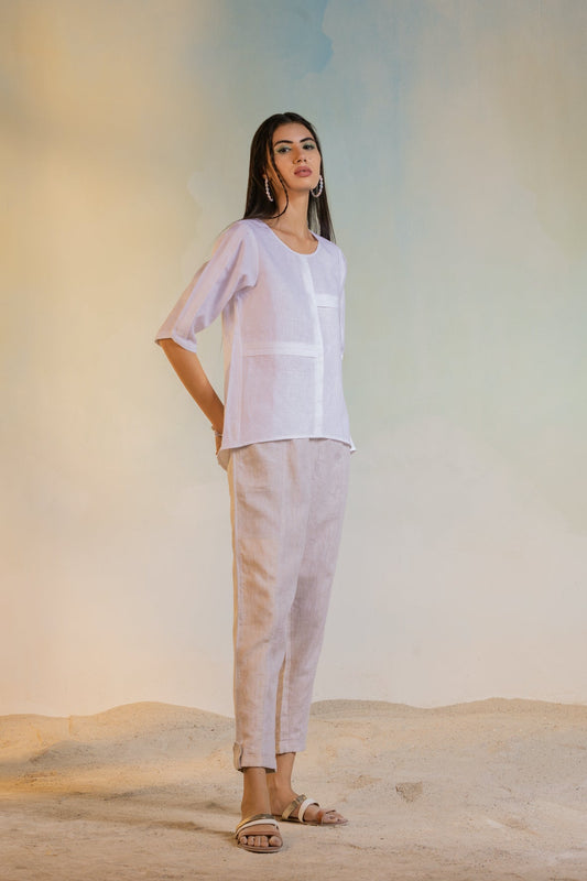 Linen Panelled Top by Charkhee with Blouses, Casual Wear, Escape by Charkhee, Linen, Natural, Regular Fit, Textured, Tops, White, Womenswear at Kamakhyaa for sustainable fashion